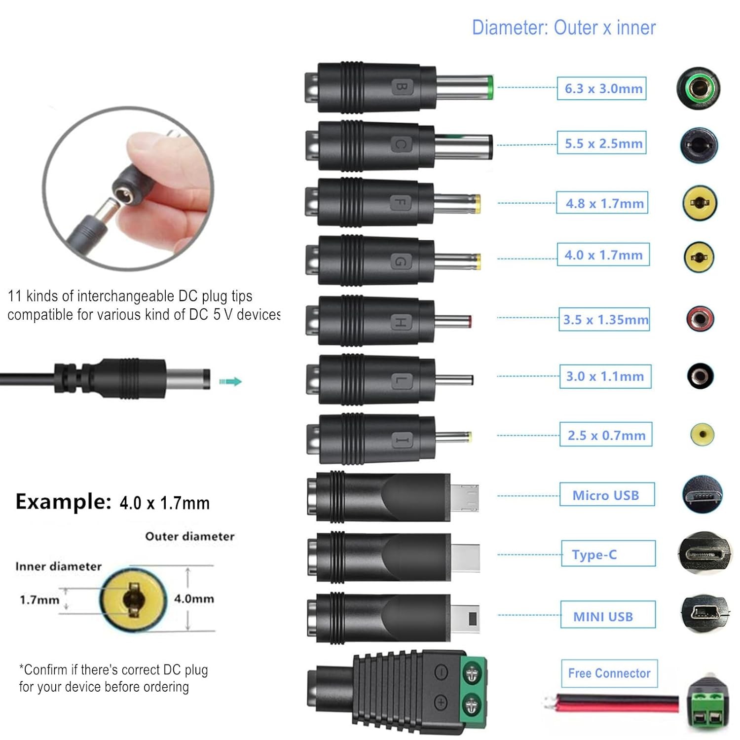 Universal 5V 2A AC to DC Power Adapter with 11 DC Tips 5V 1.5A 1A Output