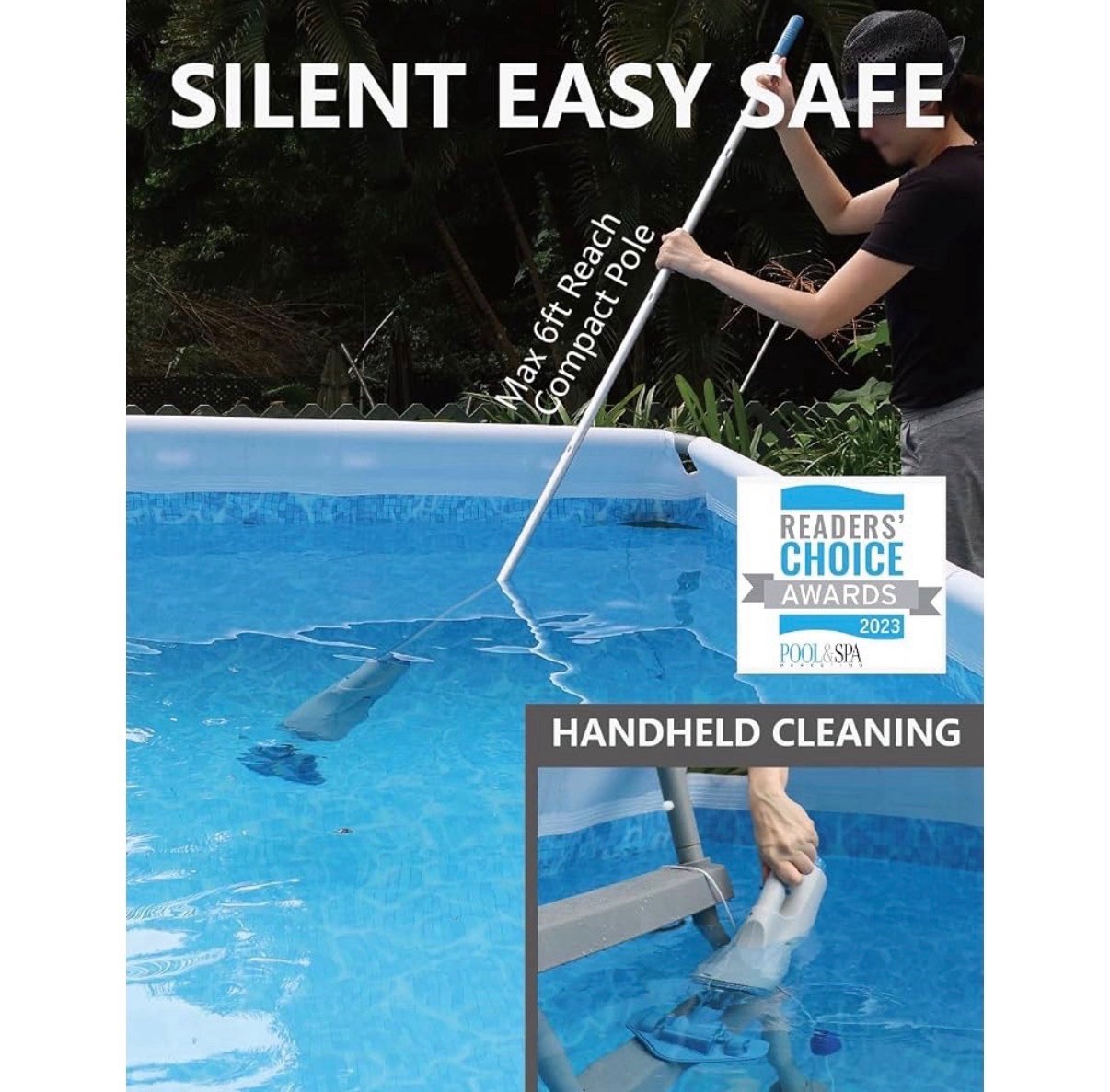 KOKIDO Cordless Handheld Pool Vacuum for Above Ground Pool, with 6ft Pole and 2