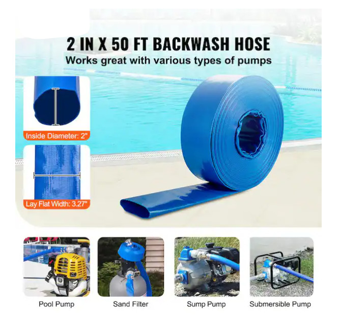 Blue Torrent 2″ Premium Backwash Hose w/Clamp, Heavy Duty LayFlat Discharge Hose