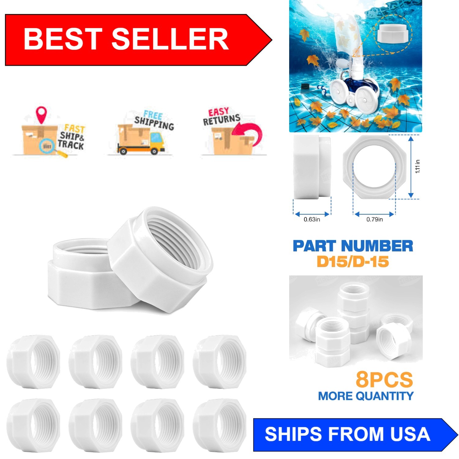 Effective 8 Pack Polaris Pool Cleaner Feed Hose Nut D15 D-15 – Easy Installation