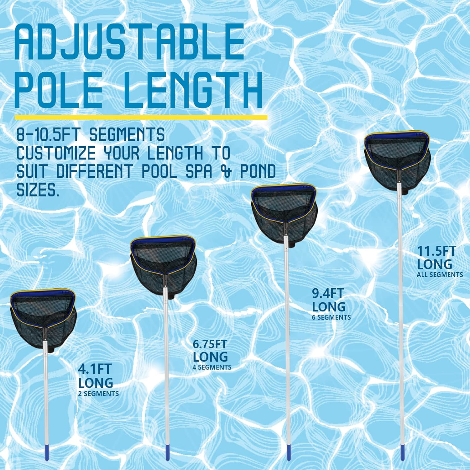 Pool Deep Skimmer Net with 3Ft – 10Ft 1.0Mm Thick Adjustable Aluminum Pole & Fin
