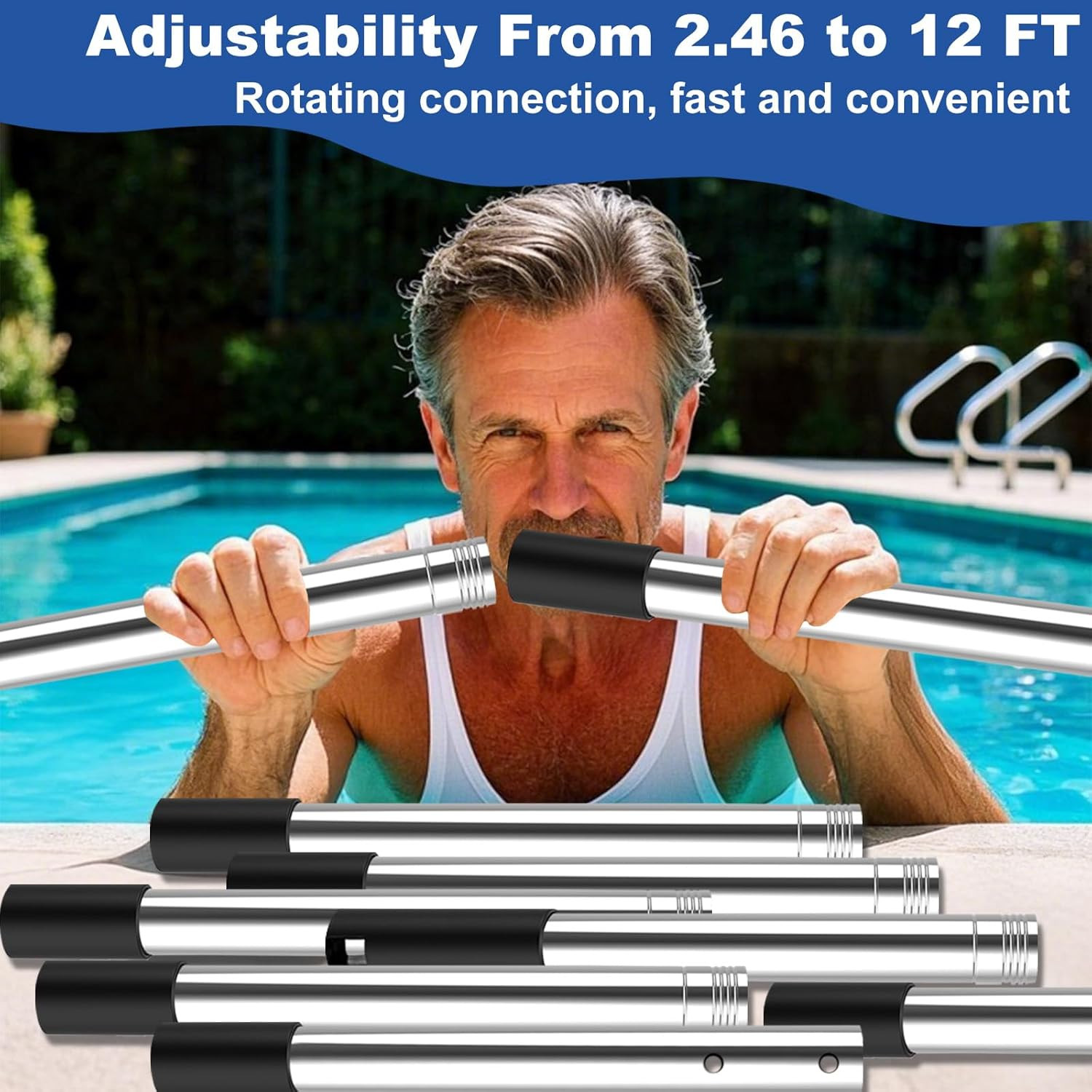 Pool Pole Telescopic 12 Ft Heavy Duty, Professional Adjustable Stainless Steel S