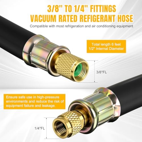 HVAC Refrigerant Charging Vacuum Hose, 6 ft, 800 Psi 3/8″ to 1/4″ Fittings