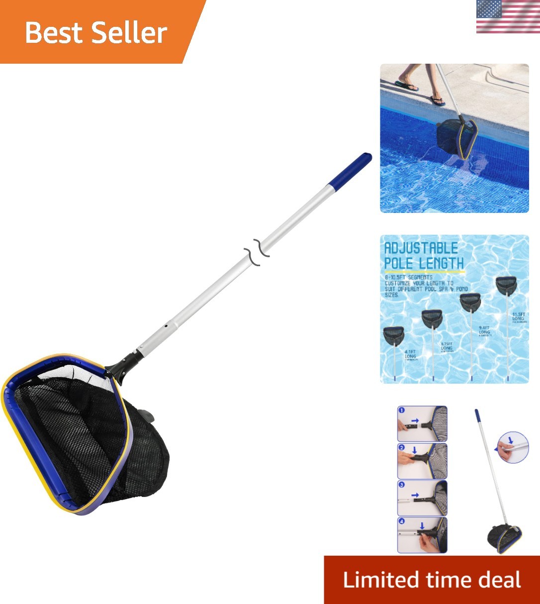 Heavy-Duty Skimmer Net with 10ft Telescopic Pole for Above/In-Ground Pools