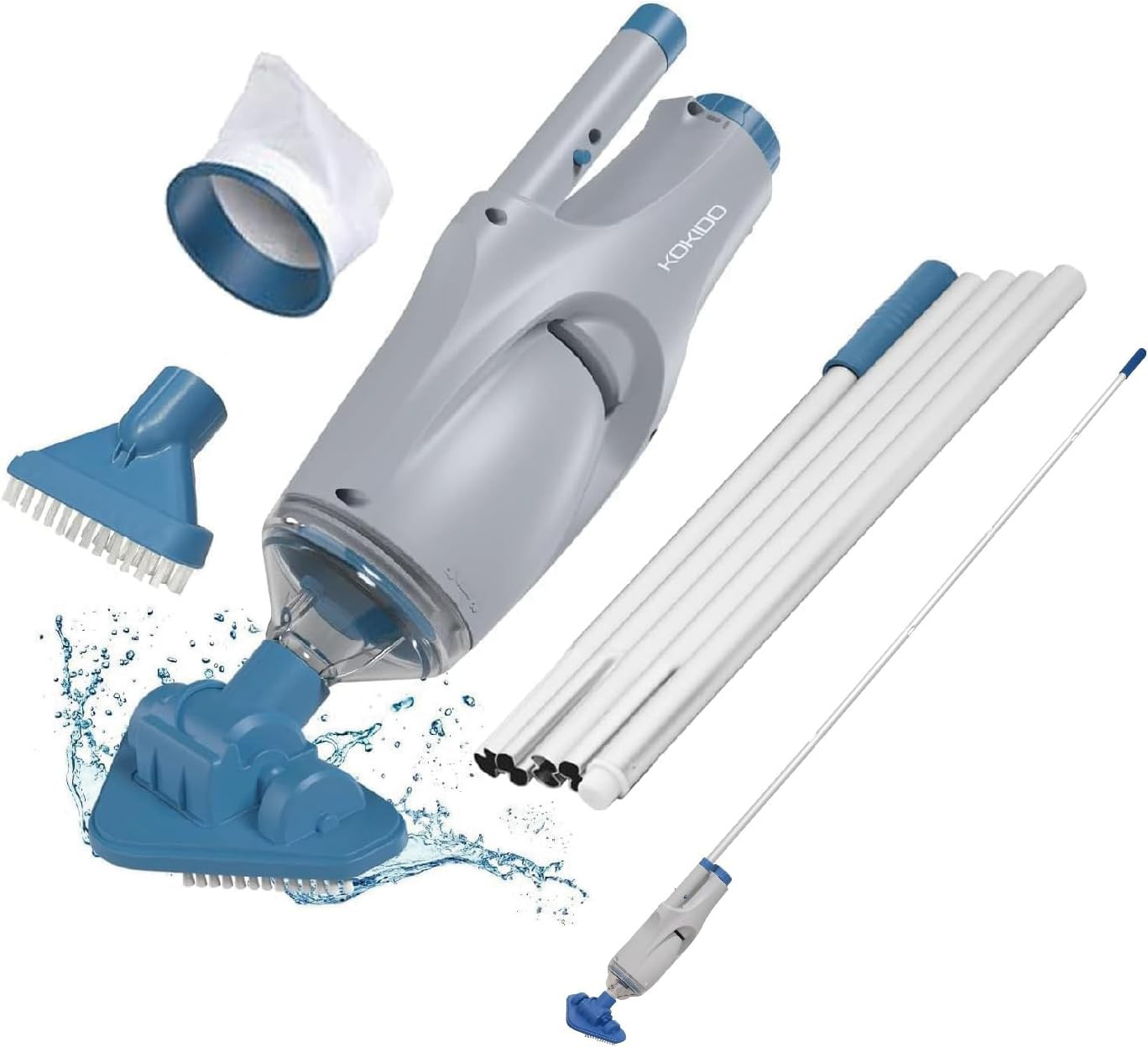 Rechargeable Handheld Pool Vacuum 10GPM Aluminum Pole 2 Brush Heads 60 Mins