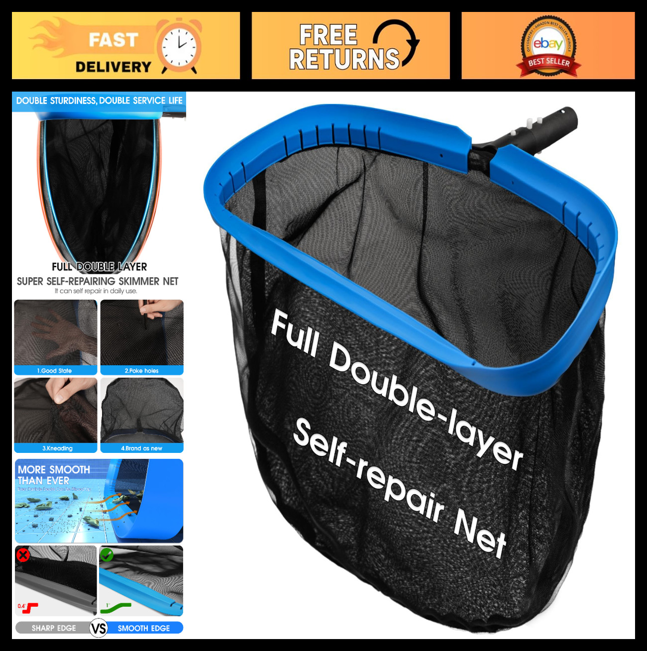 Heavy Duty Double Layer Pool Net Rake – 17.5” Fine Mesh for Debris, In-Ground &
