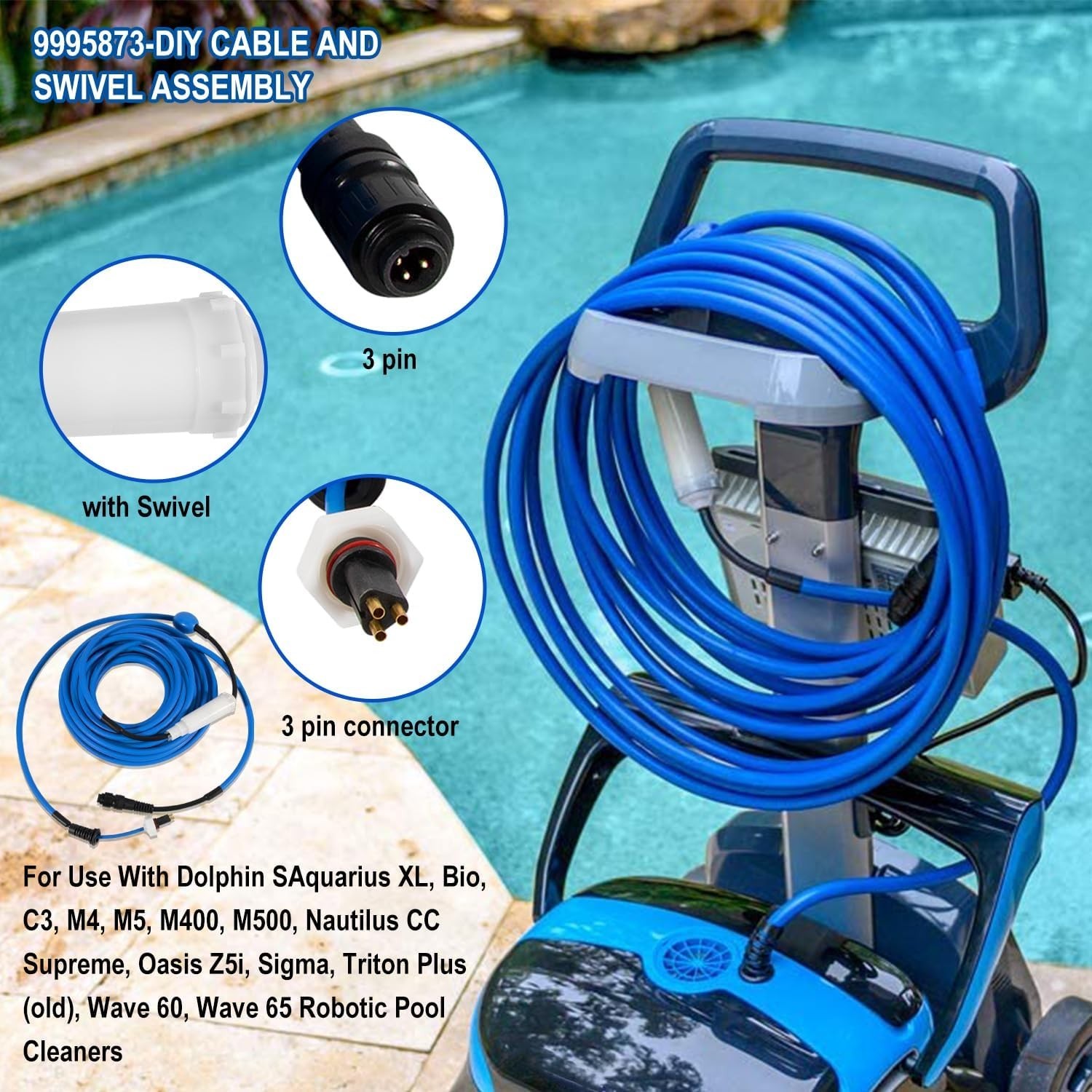 9995873 Blue Cable Assy w/Swivel Parts Fit for Dolphin Pool Cleaners | Replac…