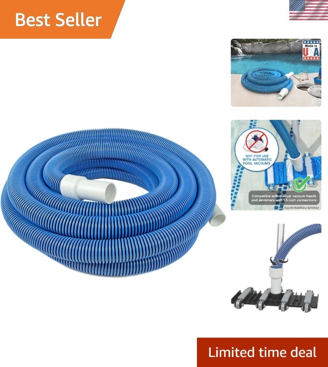 35 Ft Heavy Duty Kink-Free Pool Vacuum Hose with Swivel Cuff – Made in USA