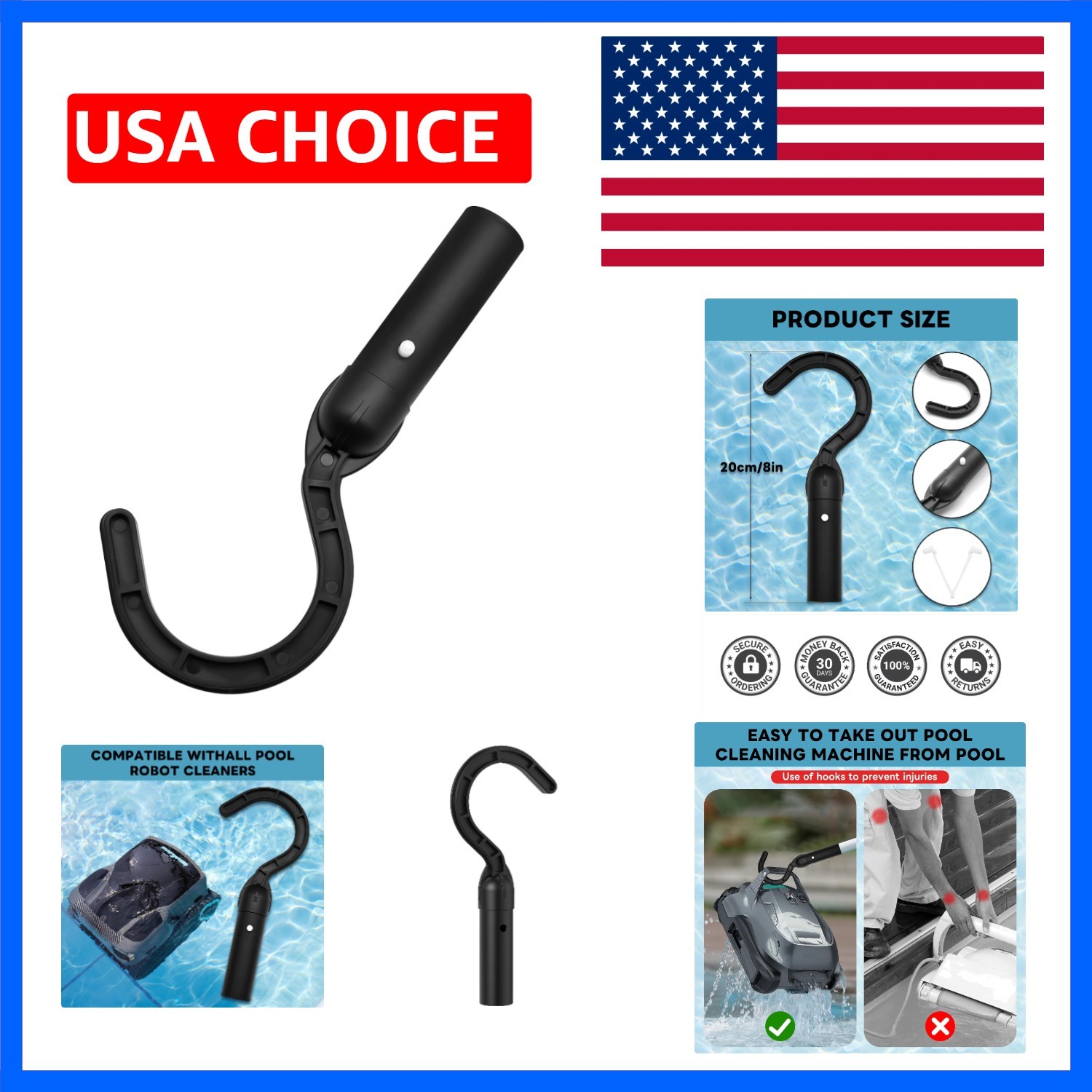 Pool Hook for Poles Compatible with All Pool Cleaner Pool Vacuum Black1 Pack