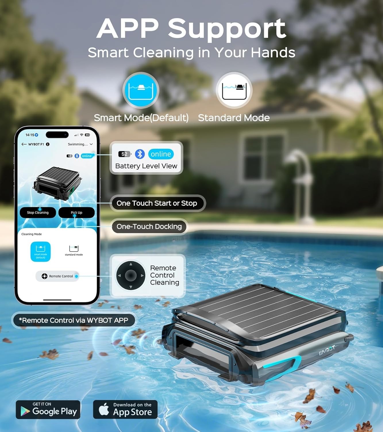 WYBOT F1 Solar Powered Robotic Pool Cleaner Pool Surface Skimmer Robot App NEW