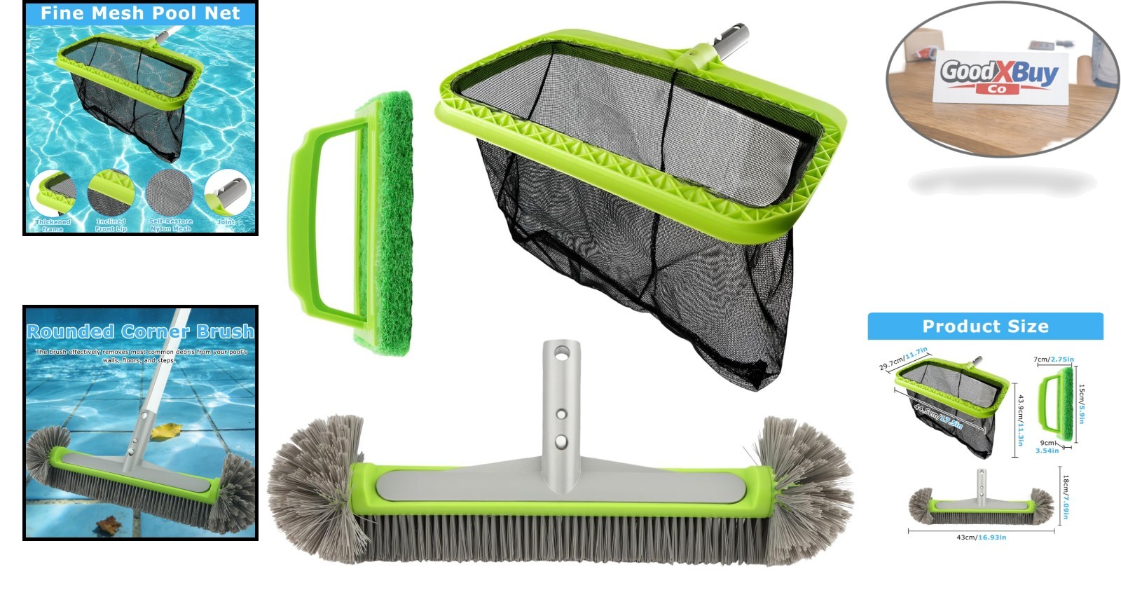 Pool Cleaning Kit Full Set with 17-Inch Net and Brush Excluding Pole – Green,…