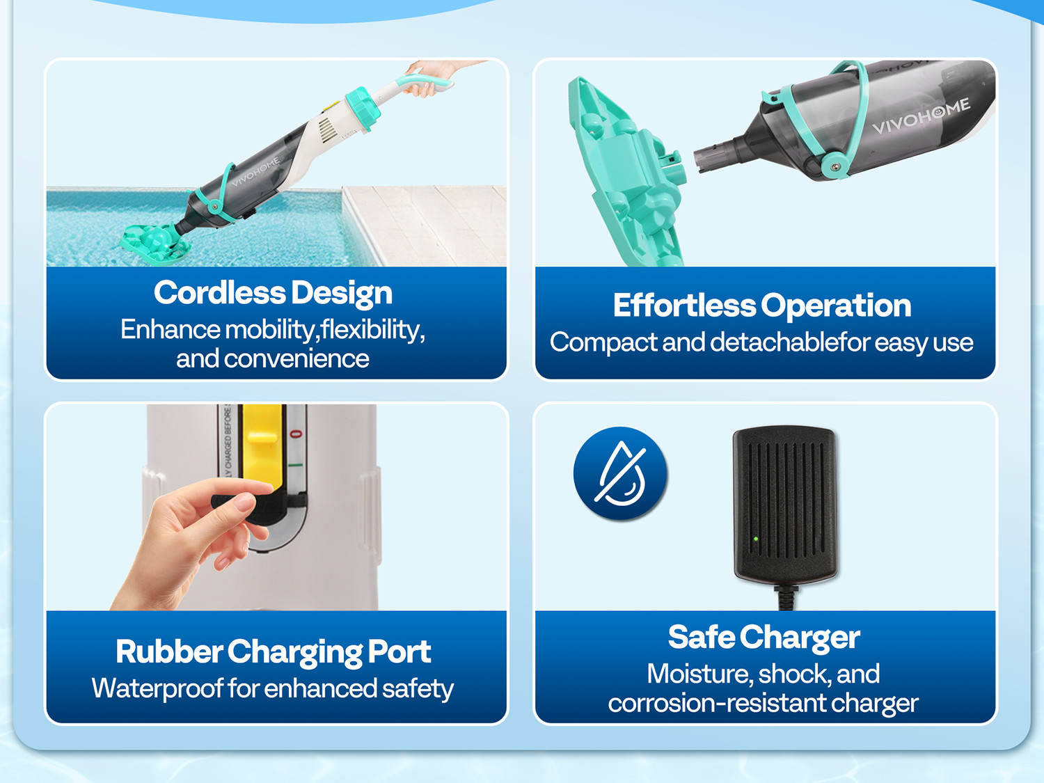 Cordless Rechargeable Pool Vacuum Handheld Cleaner w/ Telescopic Pole 60min IPX8