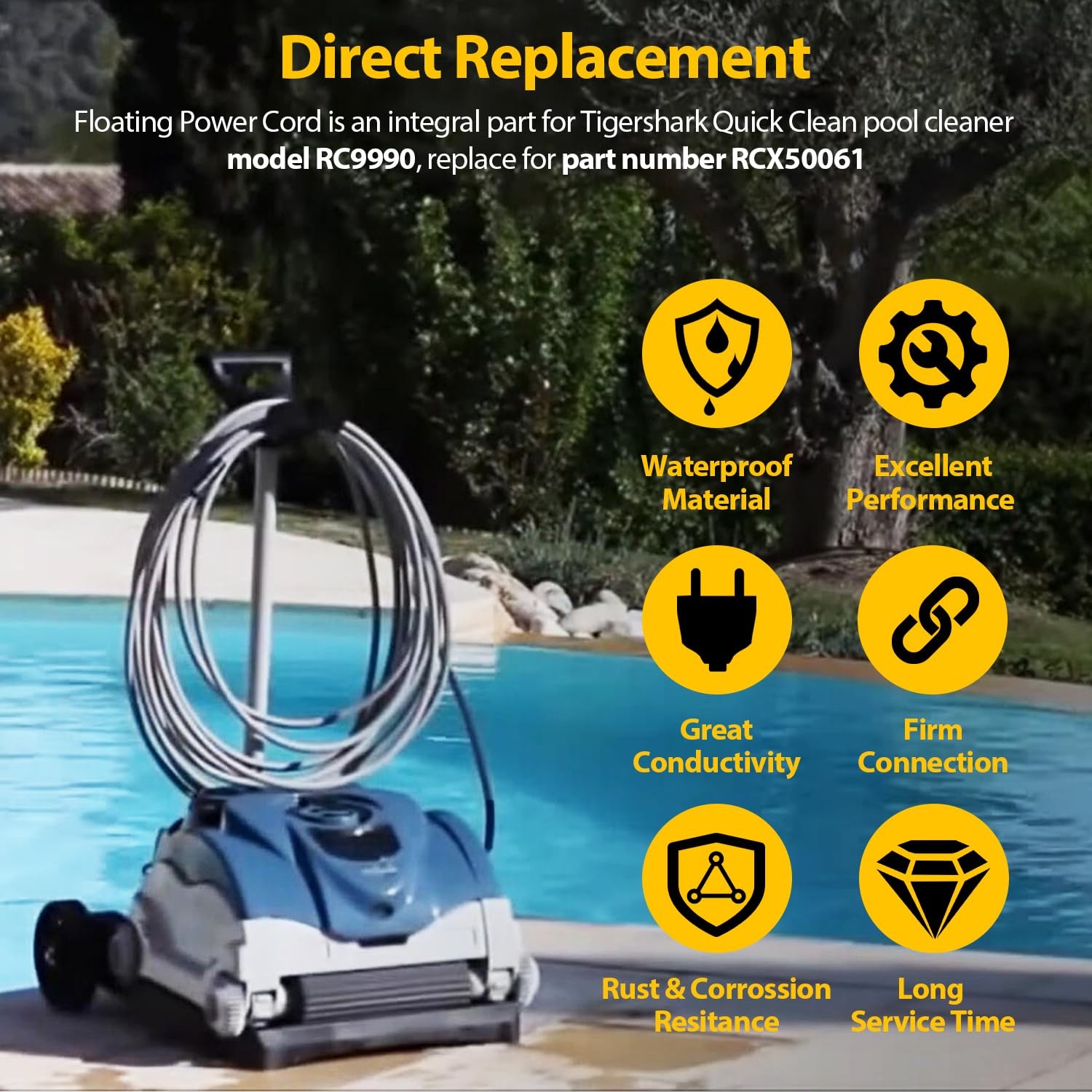55ft Floating Power Cord RCX50061 for Tigershark Tiger shark QC Robotic Cleaner