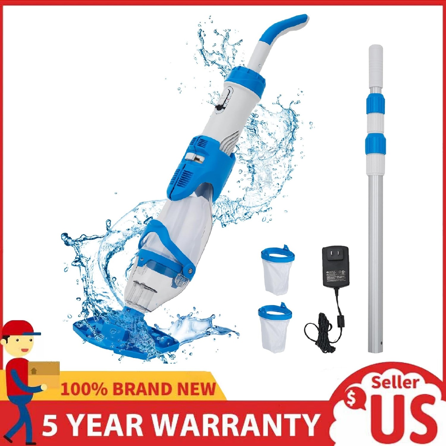 Cordless Rechargeable Pool Vacuum Handheld Cleaner w/Telescopic Pole 60Mins IPX8