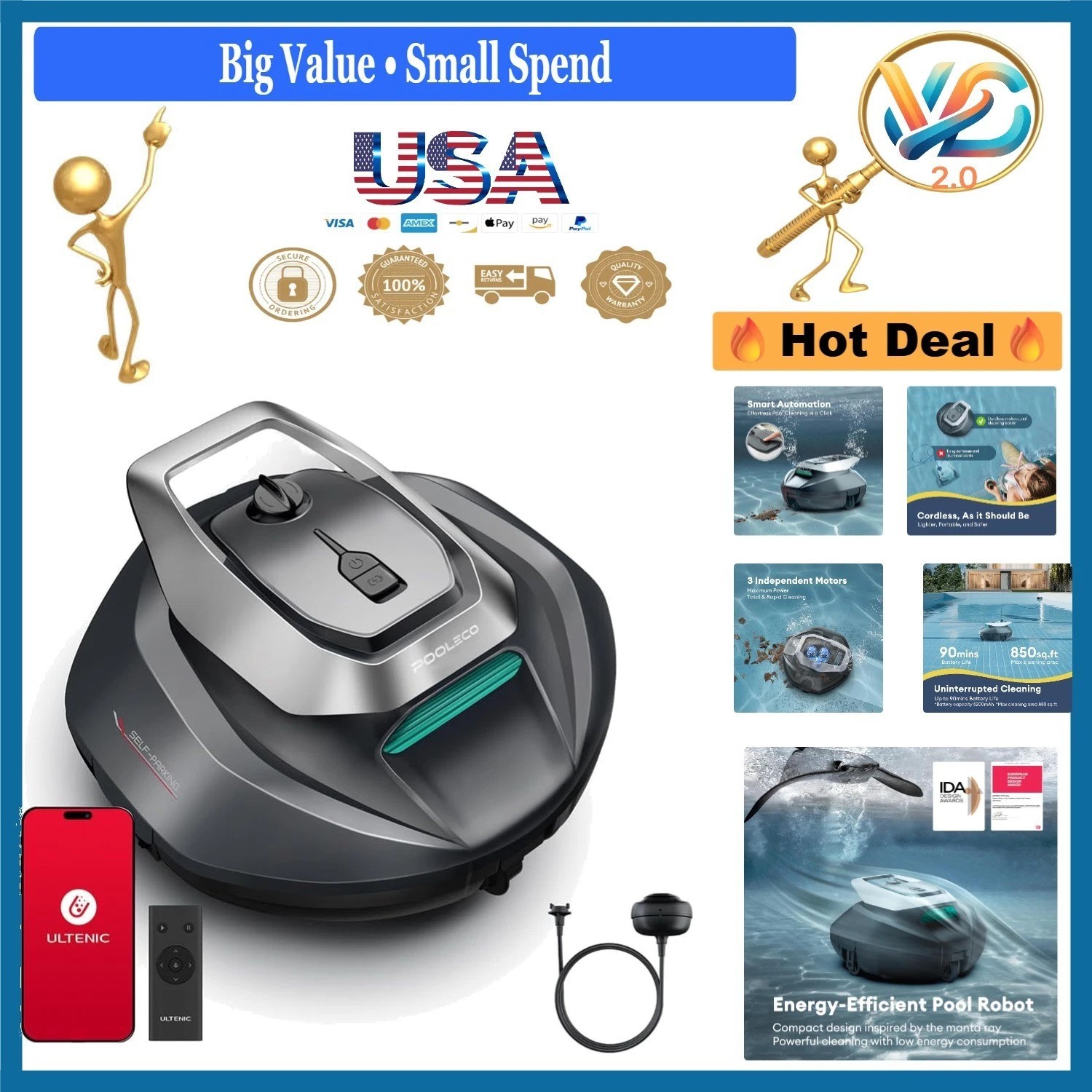 Cordless Robotic Pool Cleaner with Remote Up to 850 Sq.ft 90 Min Battery