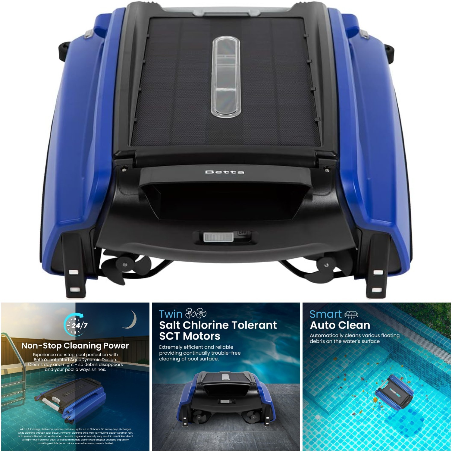 24/7 Solar Powered Automatic Blue Robotic Pool Skimmer Cleaner Salt Chlorine