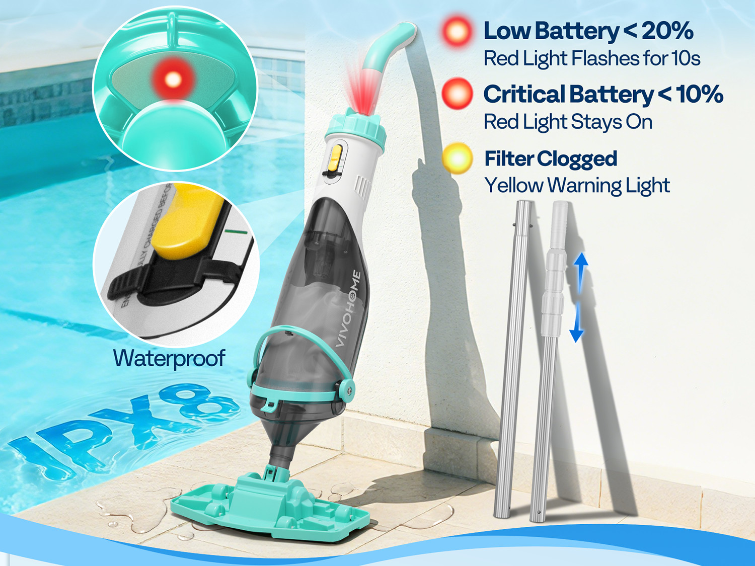 Cordless Pool Vacuum with Telescopic & Extension Poles 9.12ft, 18.5 GPM Suction