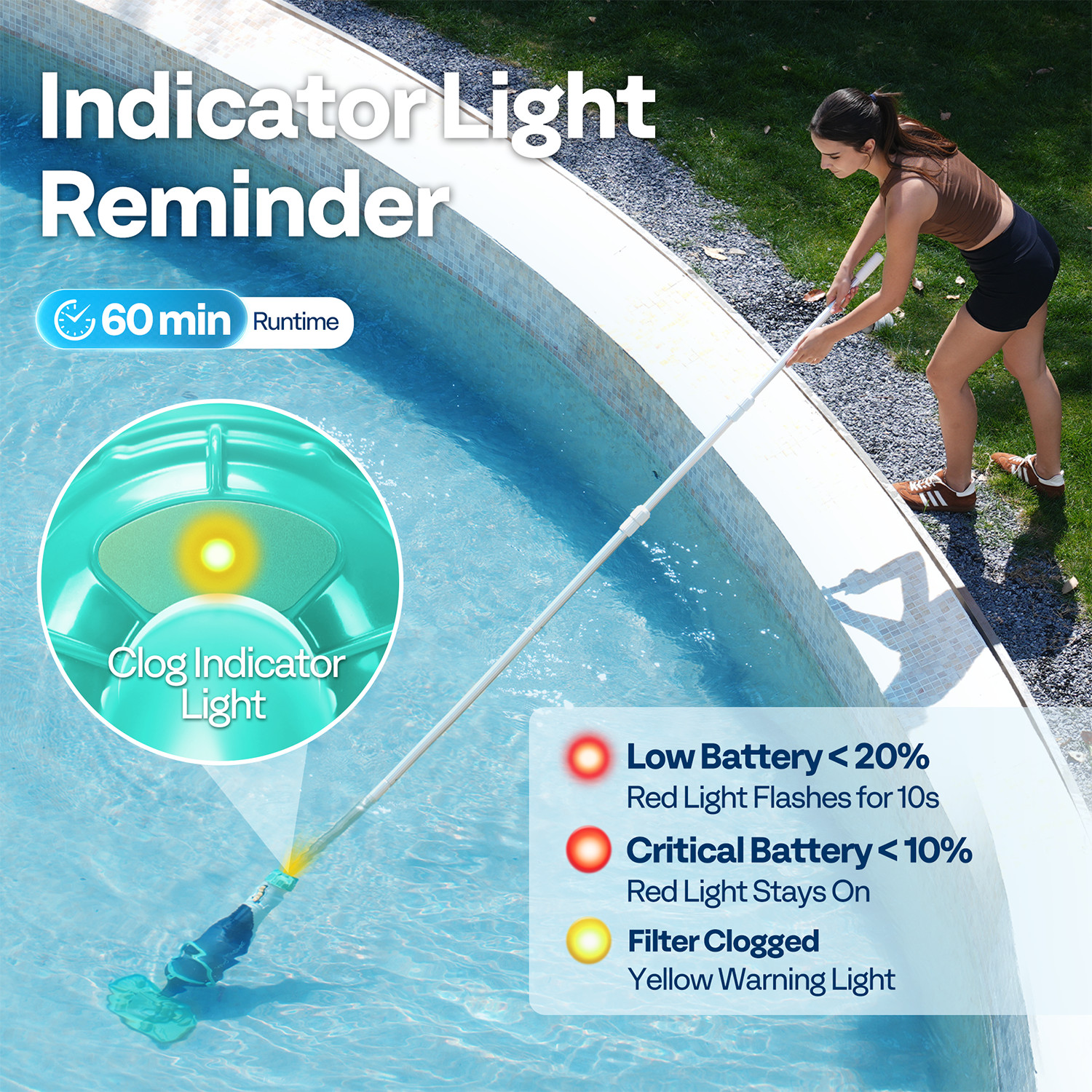 Cordless Rechargeable Pool Vacuum Handheld Cleaner w/ Telescopic Pole 60min IPX8