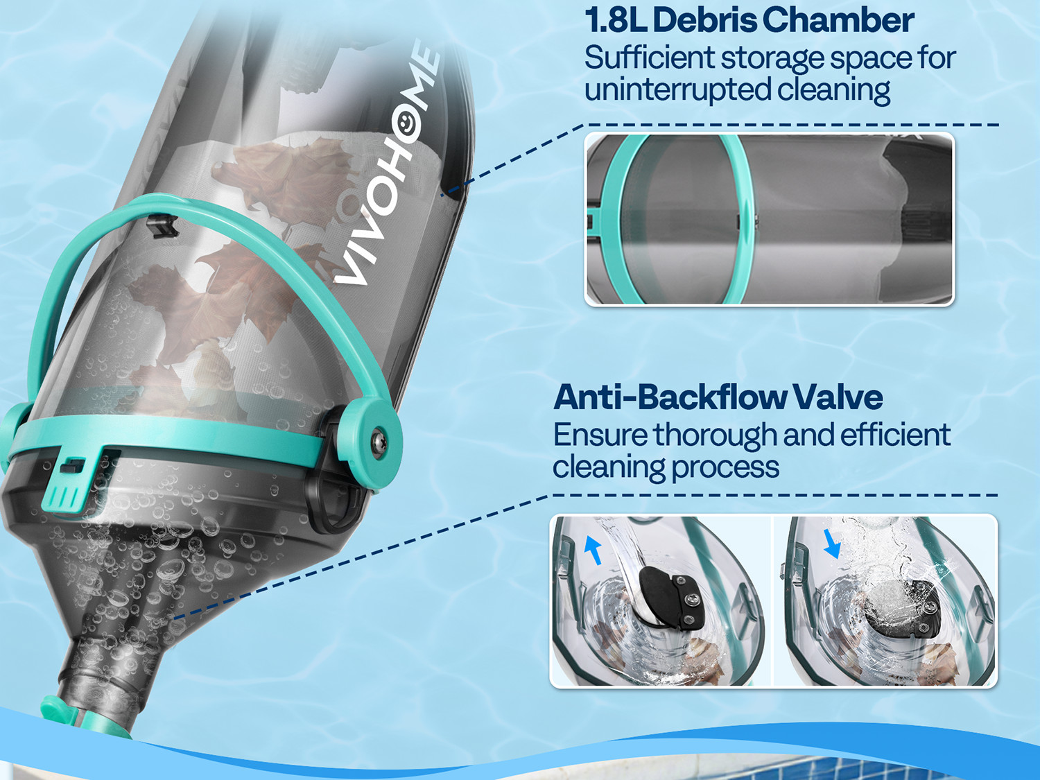 Cordless Rechargeable Pool Vacuum Handheld Cleaner w/ Telescopic Pole 60min IPX8