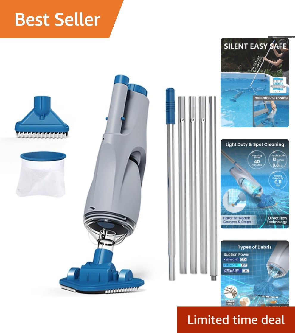Cordless Handheld Pool Vacuum with 6ft Pole & Dual Brush Heads for Easy Cleaning