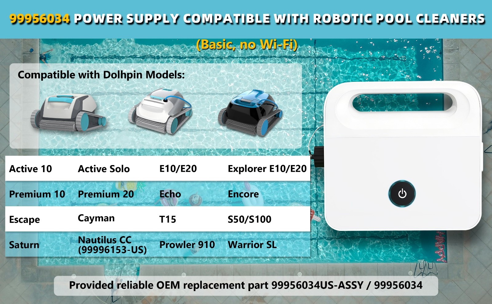 99956034 Power Supply with 5898412LF Power Cord, Compatible with Dolphin Robotic