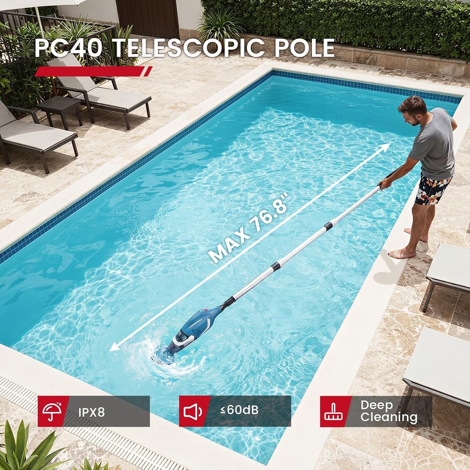 Cordless Pool Vacuum 18.5 Gpm 80 Min 76.8 Inch Pole Enhulk Pc40