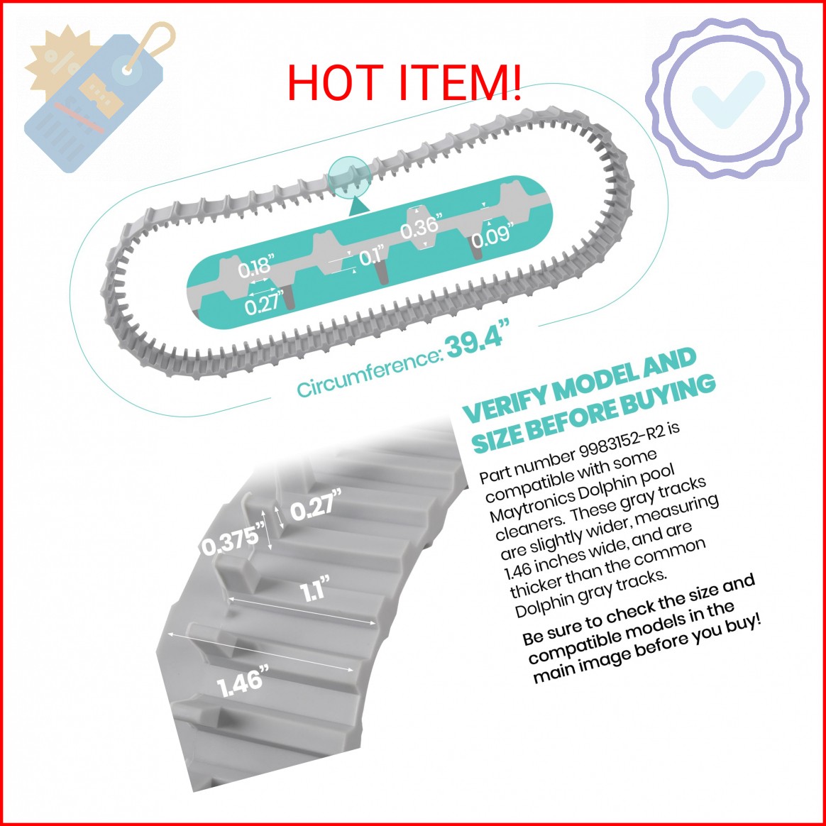 Calvana (2 Pack) Replacement Gray Tracks for Maytronics Dolphin Robotic Pool Cle