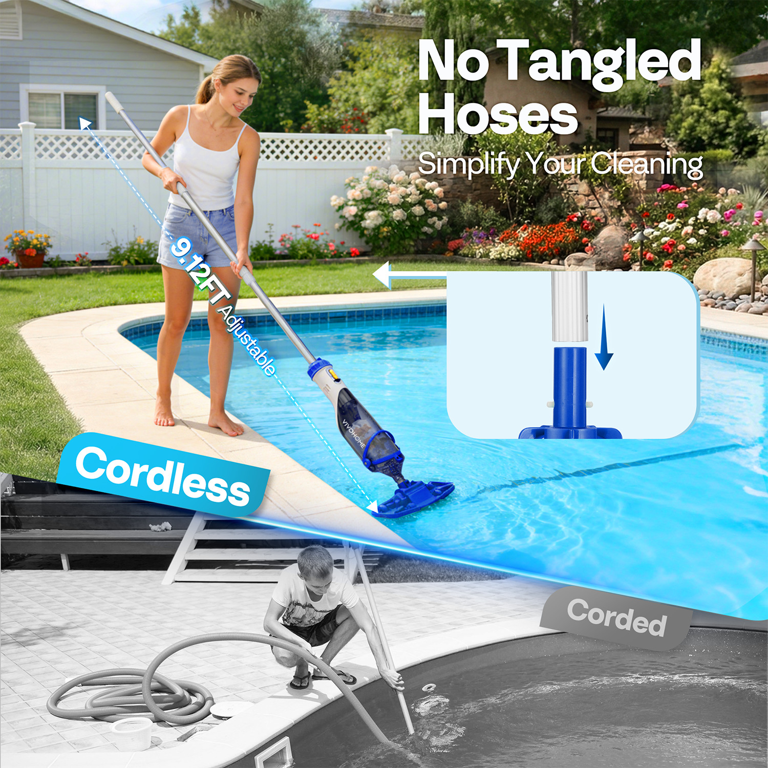 Cordless Pool Vacuum Cleaner 1110GPH Handheld Rechargeable for Pools Spas 60min