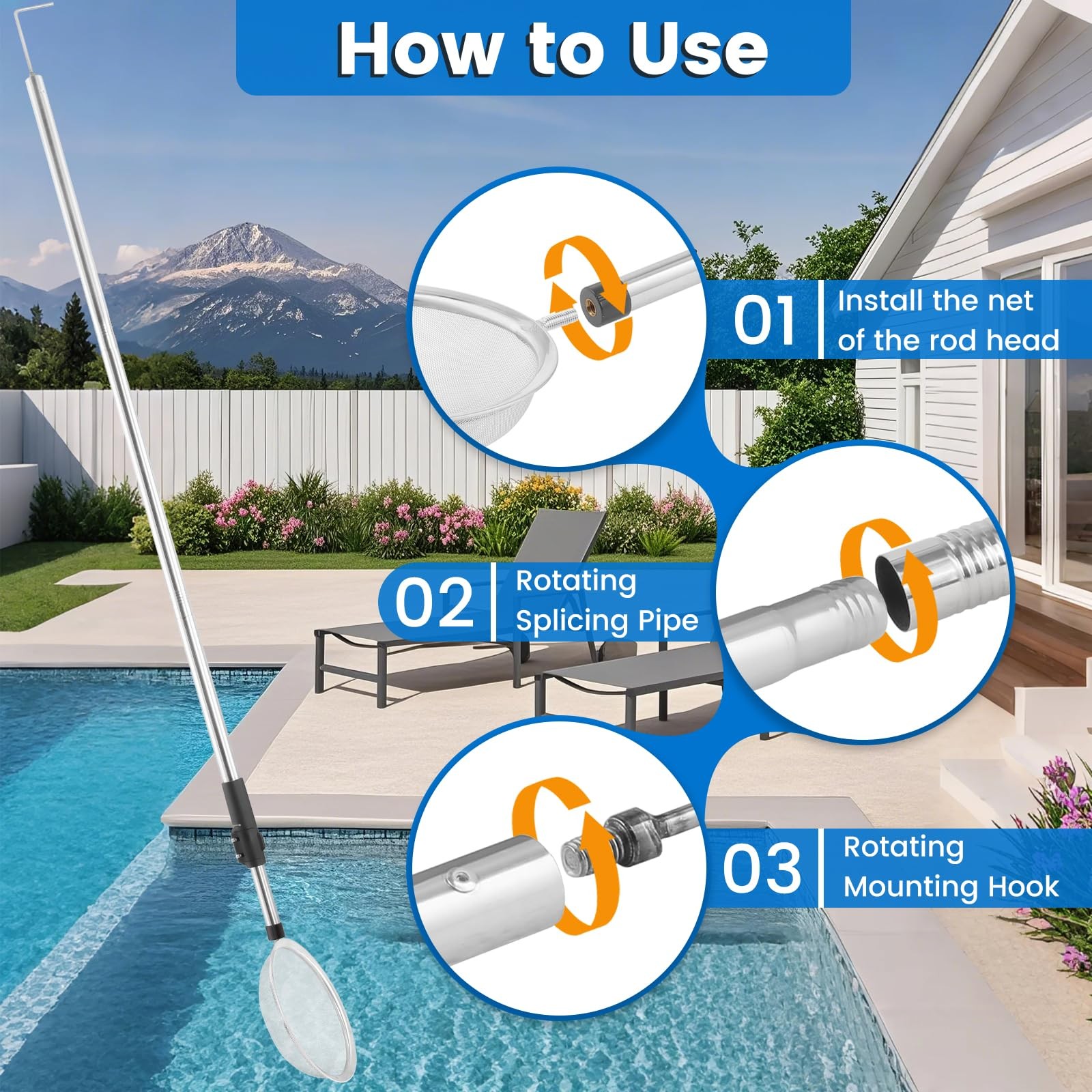 Pool Skimmer Net with Pole, 45-85″ Stainless Steel Pool Skimmer with Fine Mes…