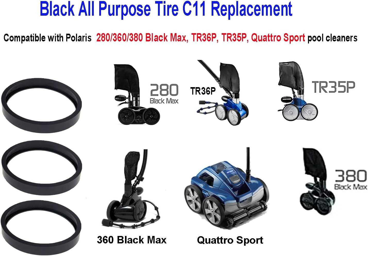 Pool Cleaner All Purpose Tire C11 for Polaris 280/380/360 Black Max TR35P TR36