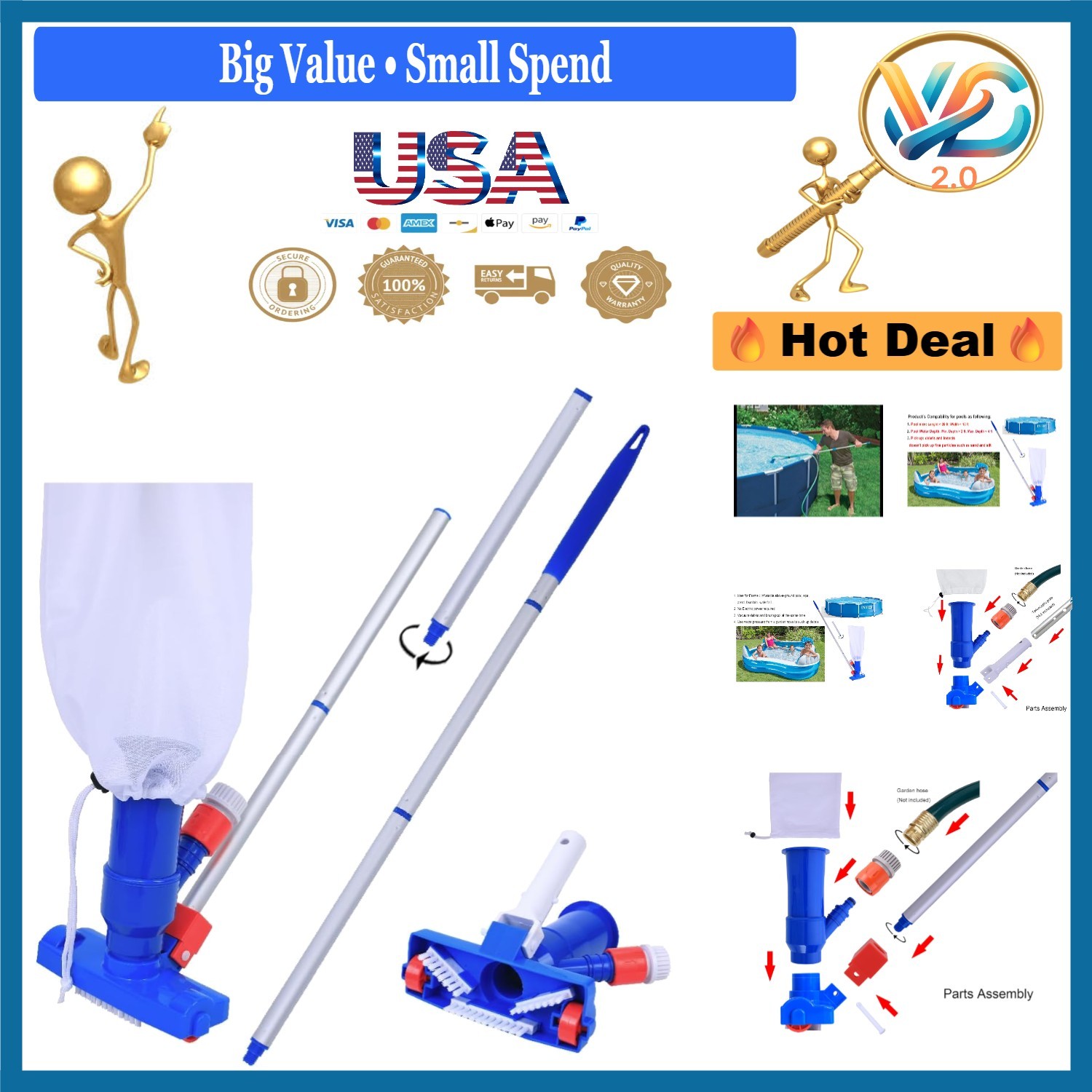 Water Pressure Pool Vacuum Cleaner, Portable for Aboveground Pools Spa