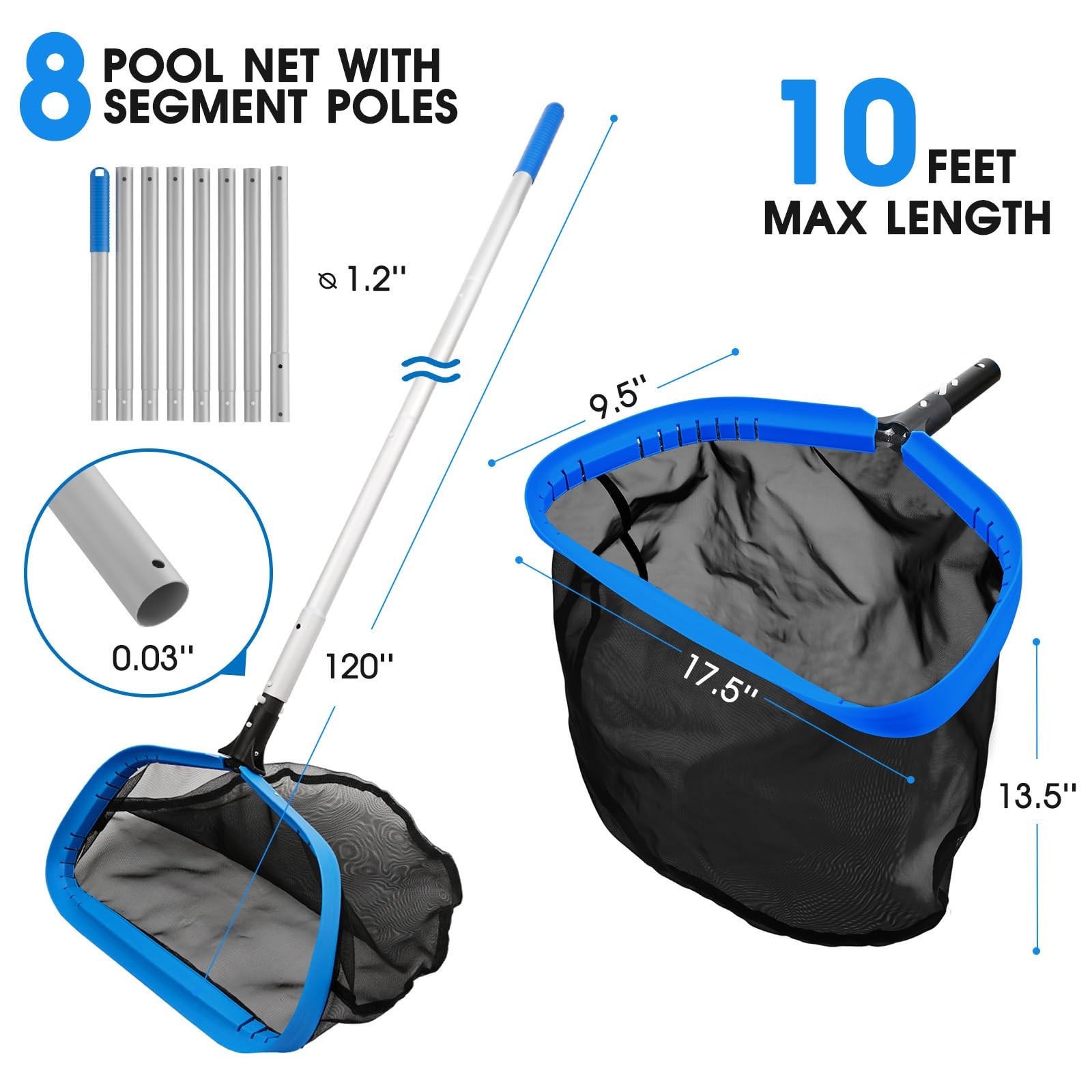 17.5in Selfrepair Pool Net w/10 Ft Pole 8 Sections Nylon Mesh Bag Inground