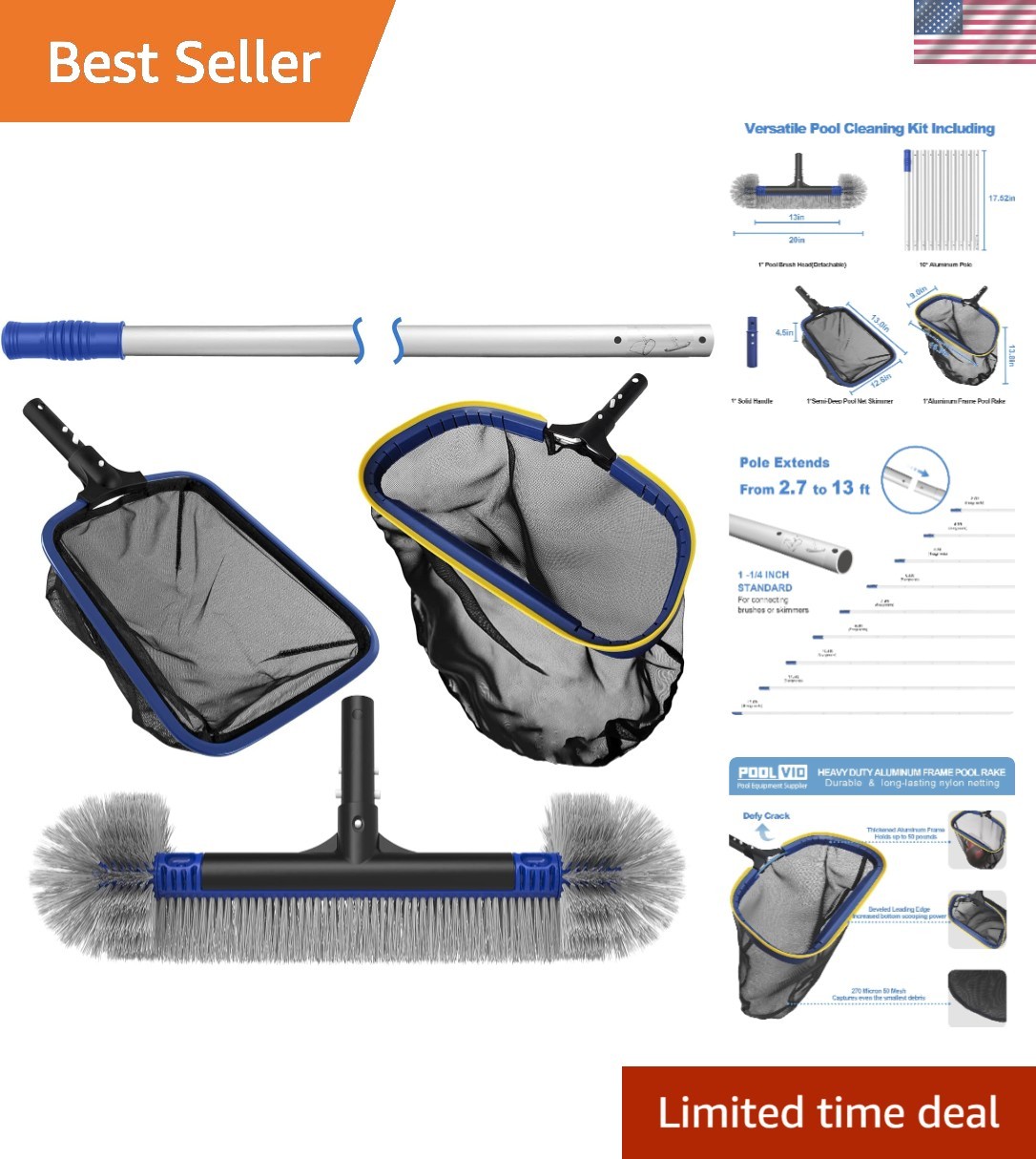 Efficient 5-in-1 Pool Cleaning Kit: Ultra-Fine Mesh Rake & 20