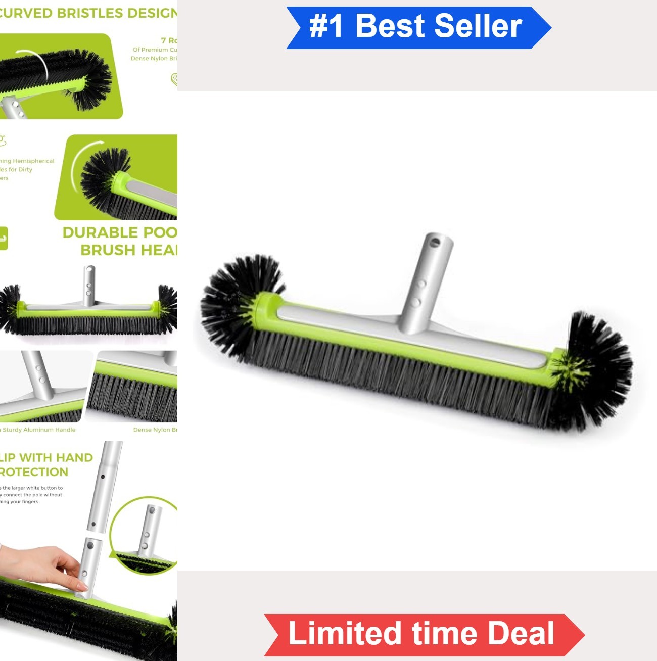 Pool Brush Head 17.5 Inch Aluminum Handle Nylon Bristles Round Shape for Pool