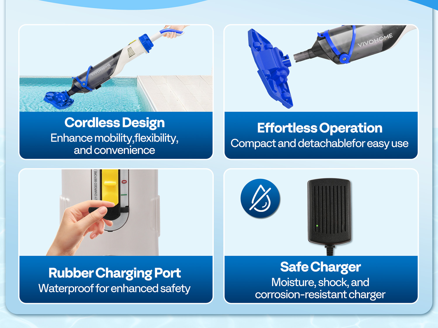Cordless Pool Vacuum Cleaner 1110GPH Handheld Rechargeable for Pools Spas 60min