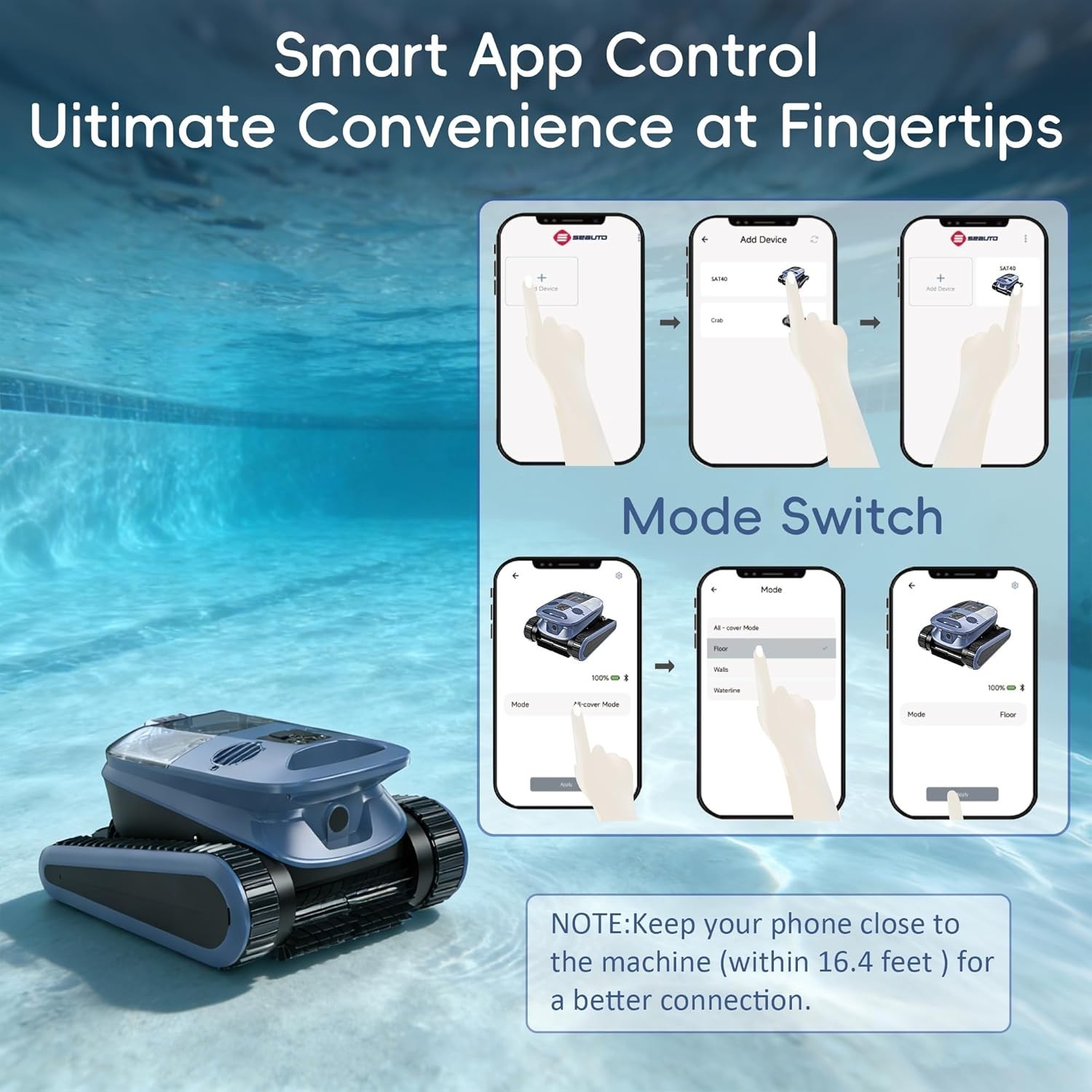 Seauto SAT40 Robotic Pool Vacuum Cleaner 4H Cordless Pool Vacuum App Support