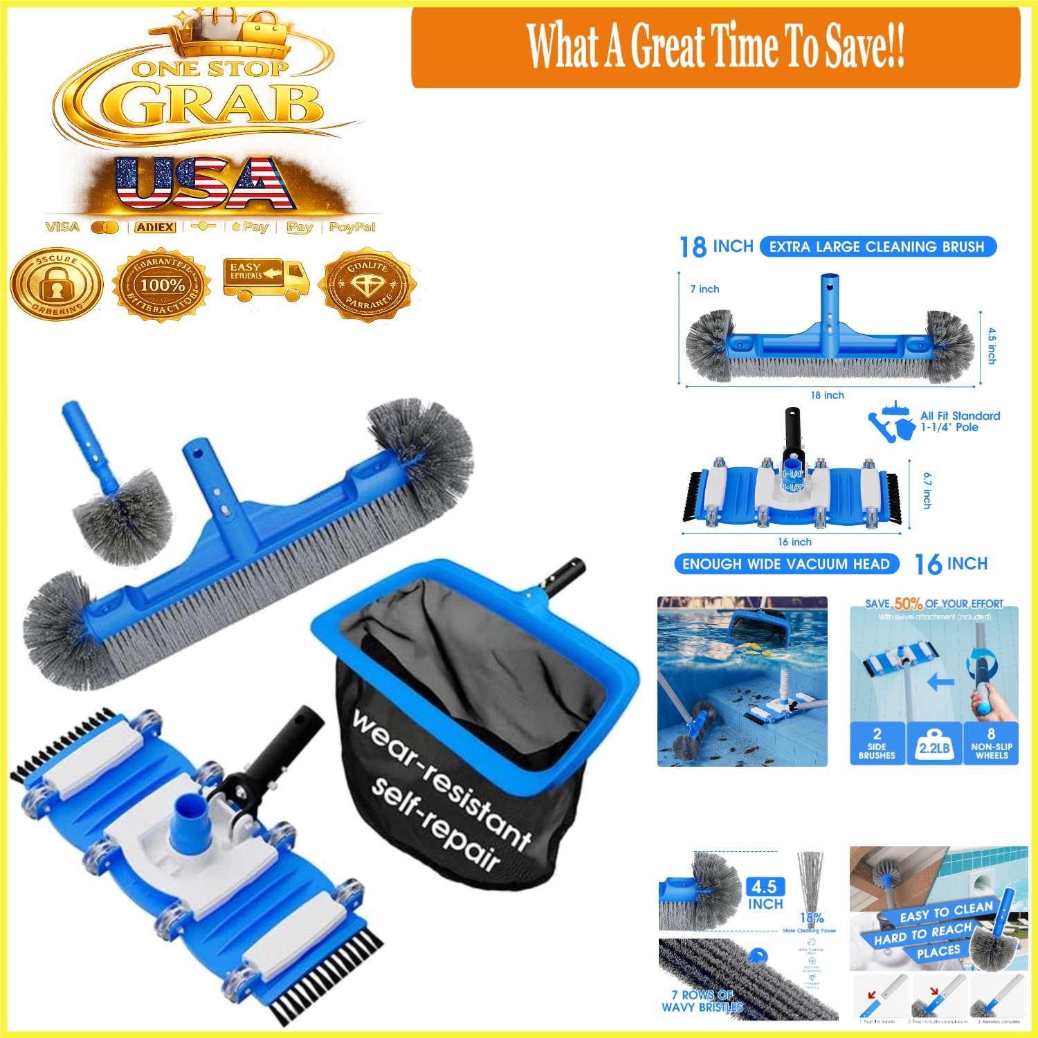3-in-1 Pool Cleaning Kit with Brush, Vacuum, Net for Above Ground & In-ground…