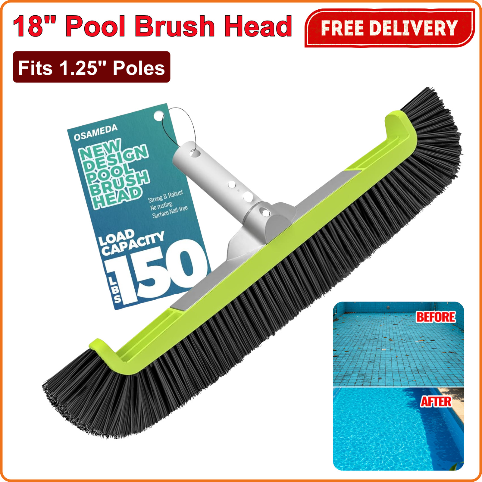 18″ Pool Brush Head for Cleaning Swimming Pool Walls Curved Ends High-Efficiency