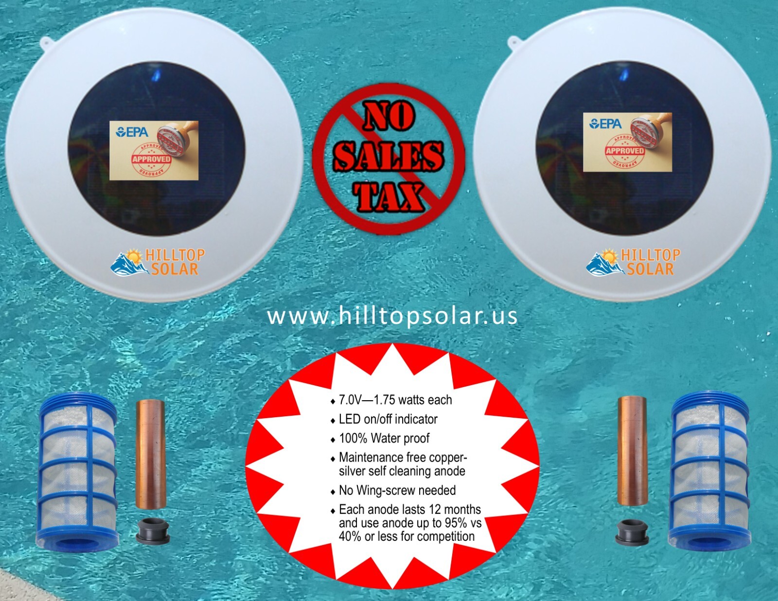 Solar Pool Ionizer |2 units | 7 volts -1.75 watts |LED on/off | self clean anode