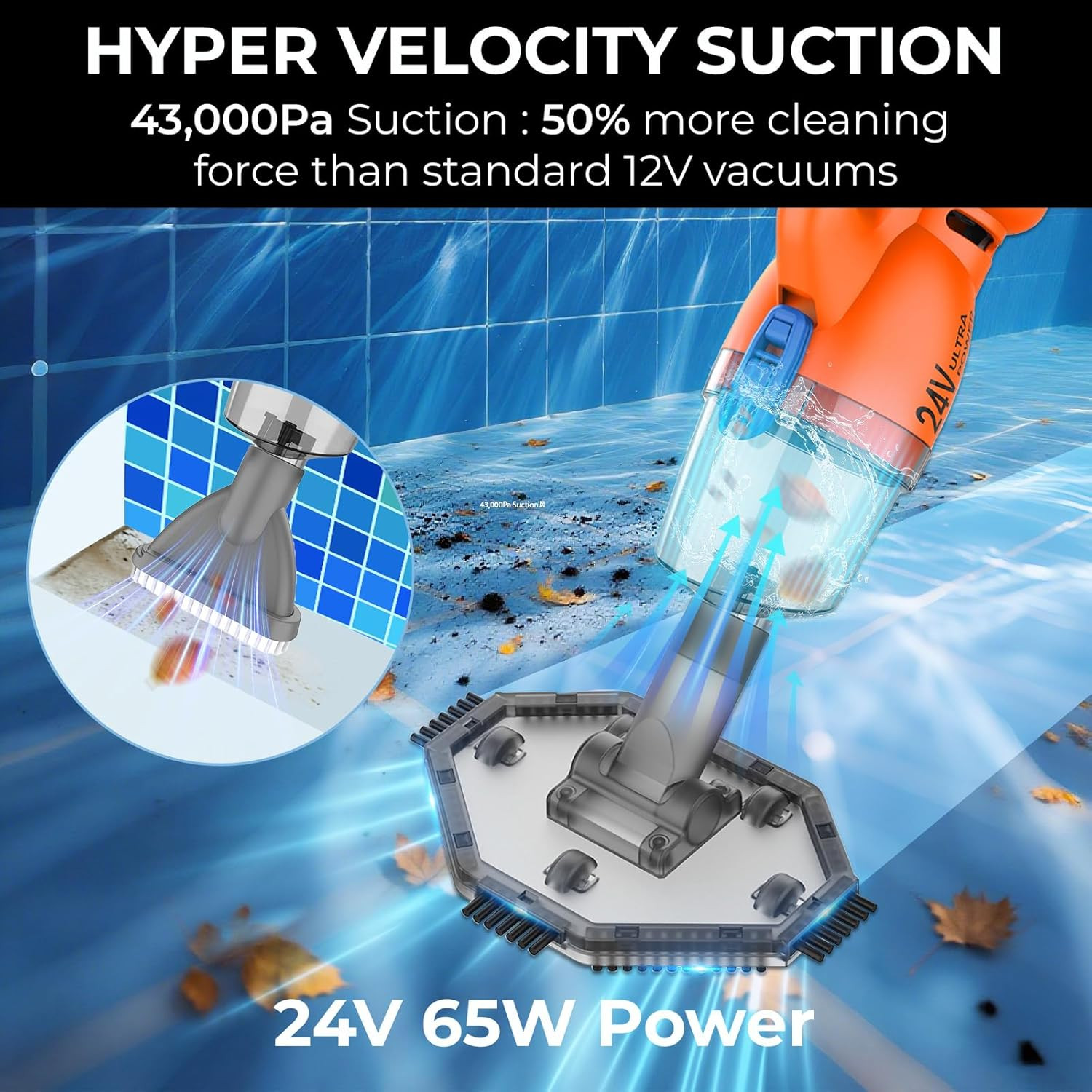 24V Cordless Handheld Pool Vacuum – 43,000Pa Hyper Suction, 3-Stage 3D Fiber Bal