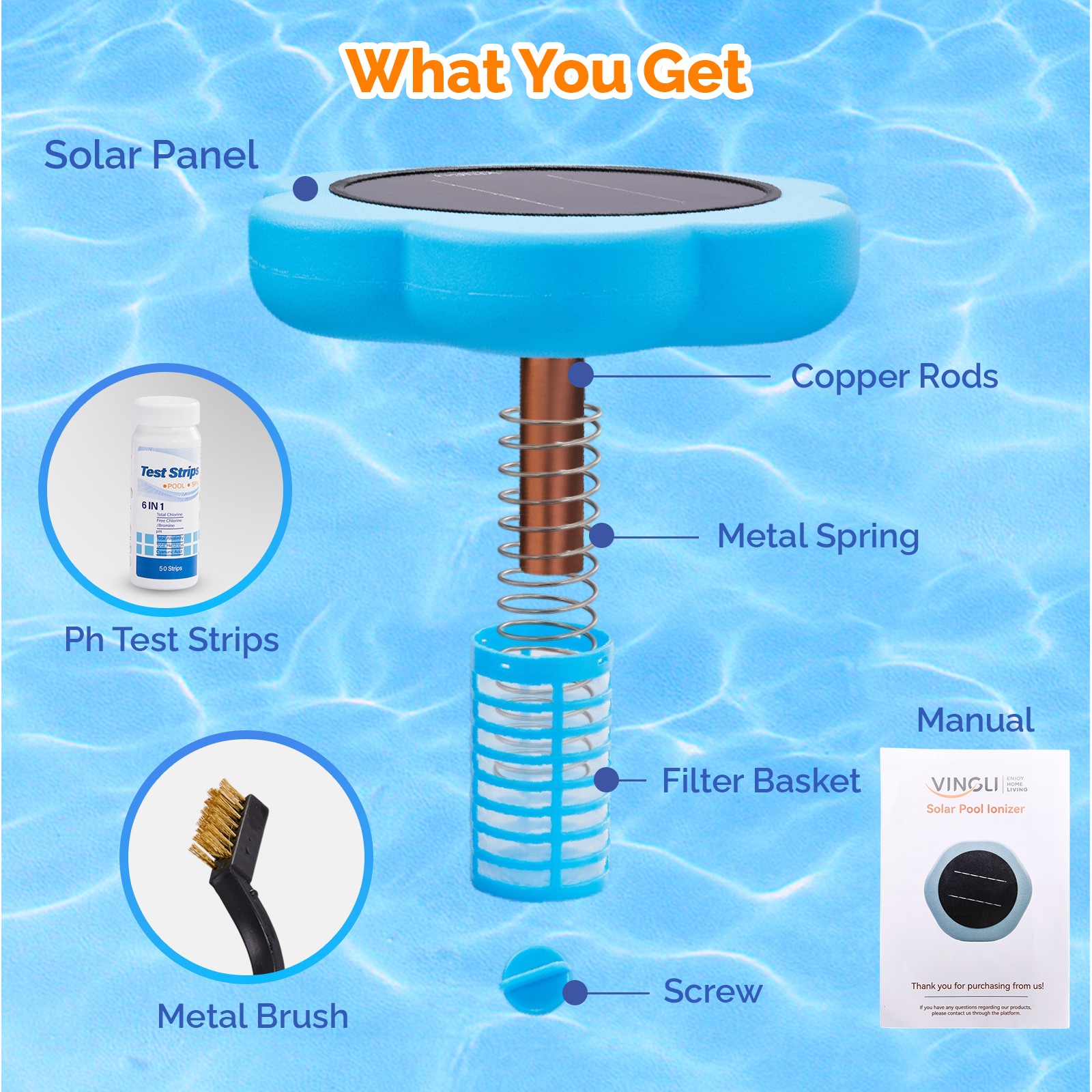 Solar Copper Pool Ionizer, for Water Clarification Above Ground Inground Pools