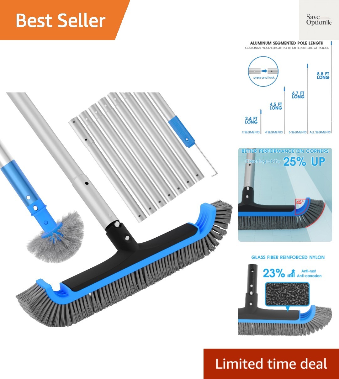 2 in 1 Multifunctional Pool Brush with 10 FT Poles – 17.5” Heavy Duty Swimmi…