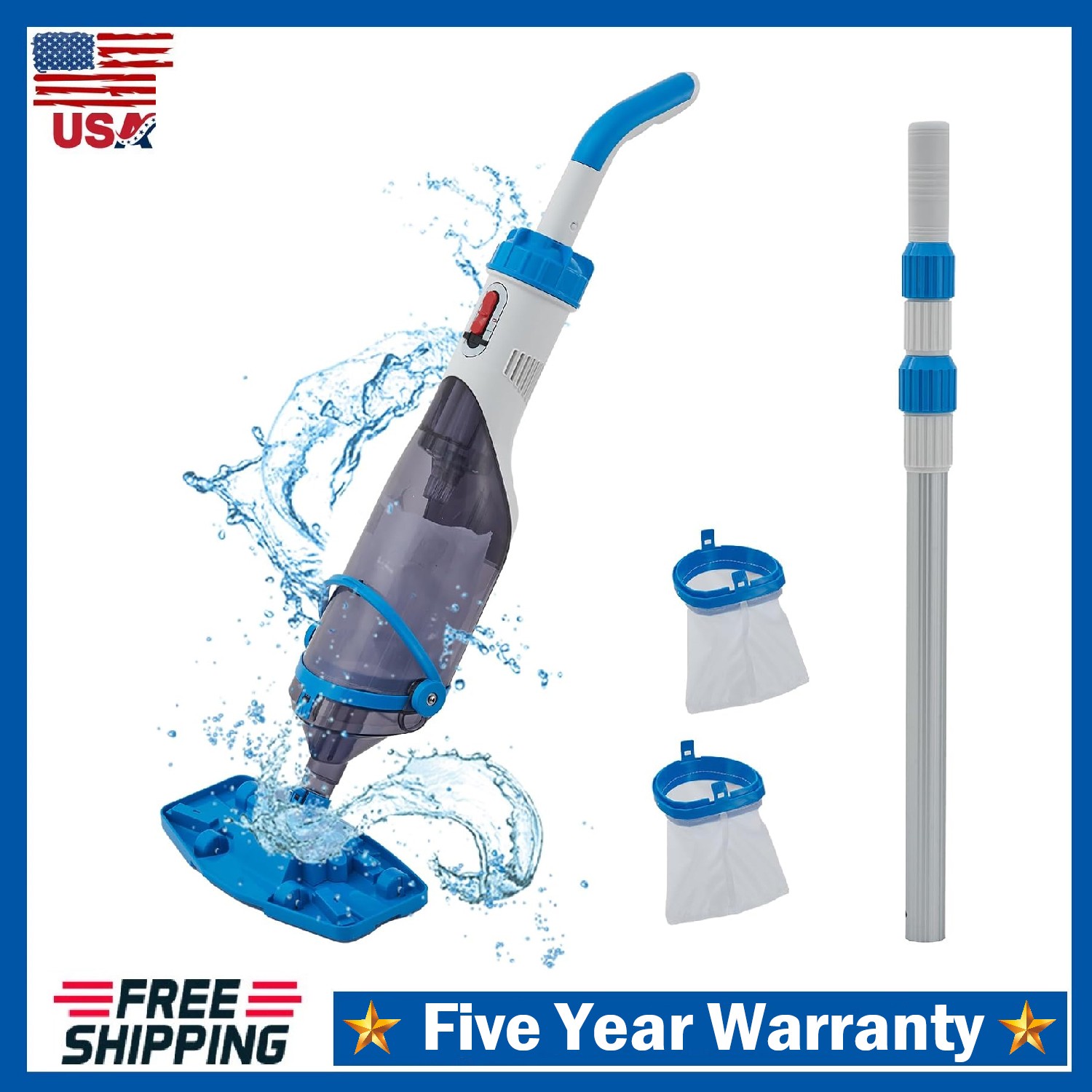 Cordless Rechargeable Pool Vacuum Cleaner Handheld with Telescopic Pole ,60 Mins
