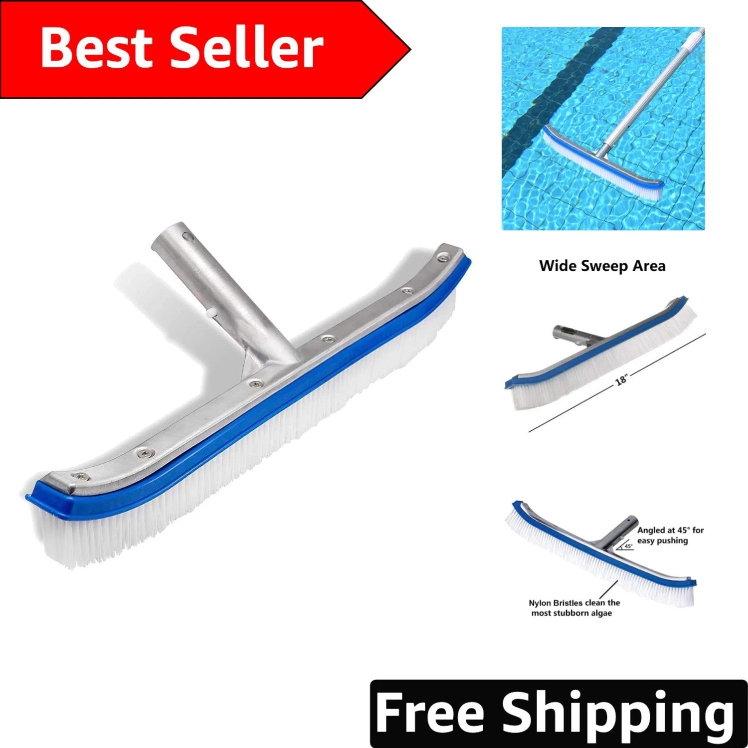 Effortless Cleaning with 18″ Nylon Bristle Pool Brush – Ideal for Walls & Tiles
