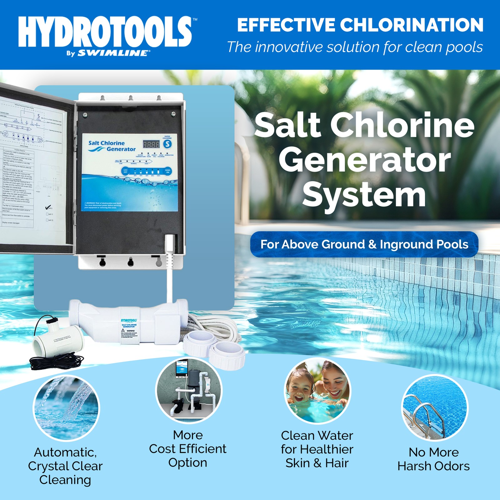 Swimline 87625 Salt Water Chlorine Generator System, 25K Gallon Swimming Pools