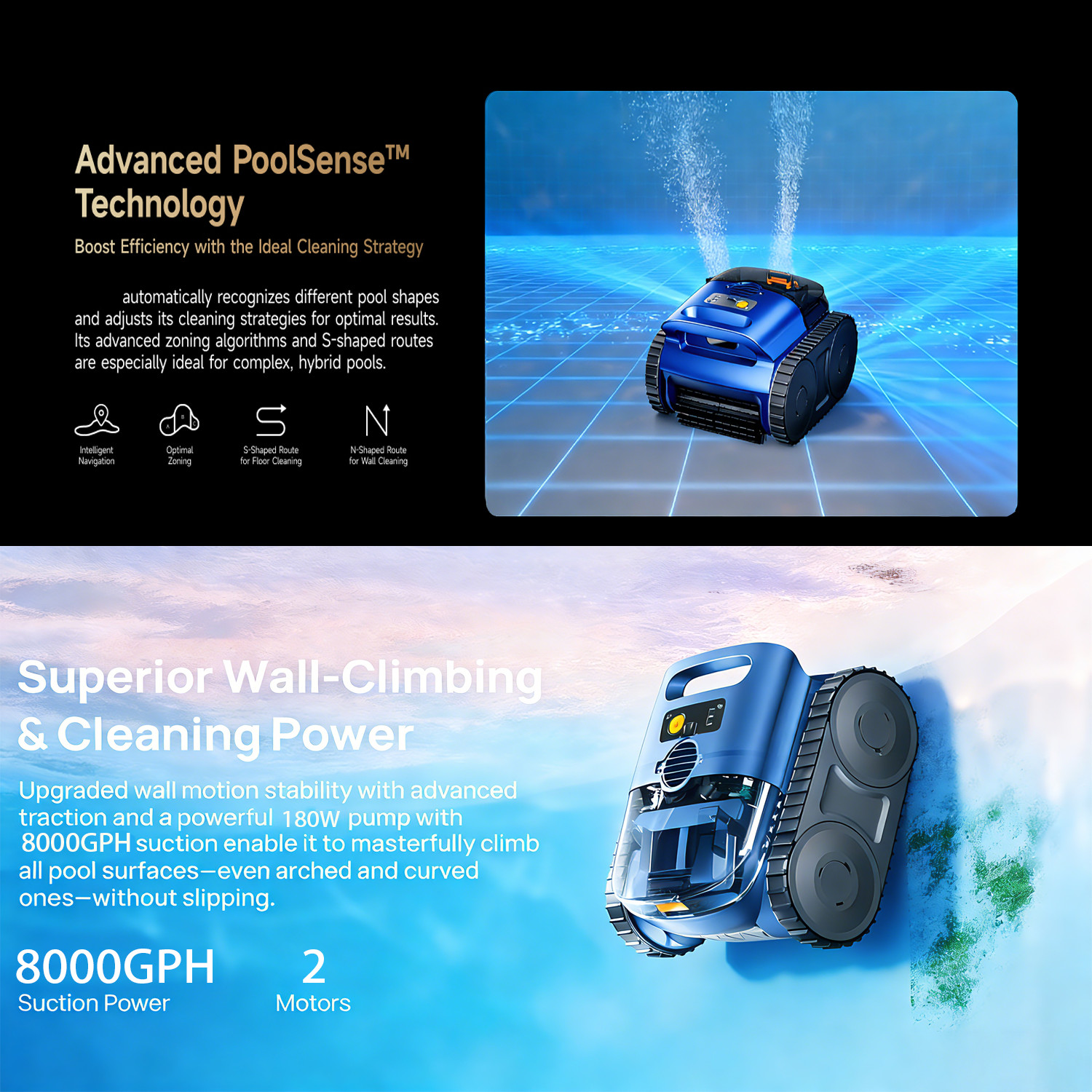 Robotic Pool Cleaner for Swimming Pools Auto Clean Floor/Wall&Waterline Cleaning