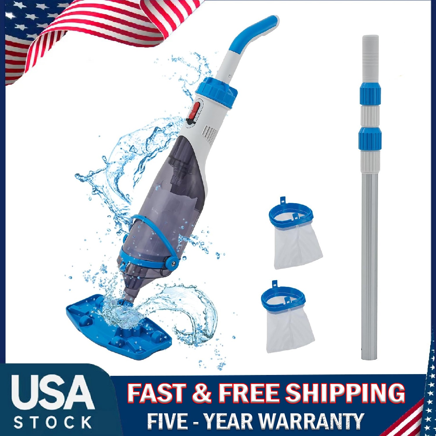 Cordless Rechargeable Pool Vacuum Cleaner Handheld with Telescopic Pole ,60 Mins