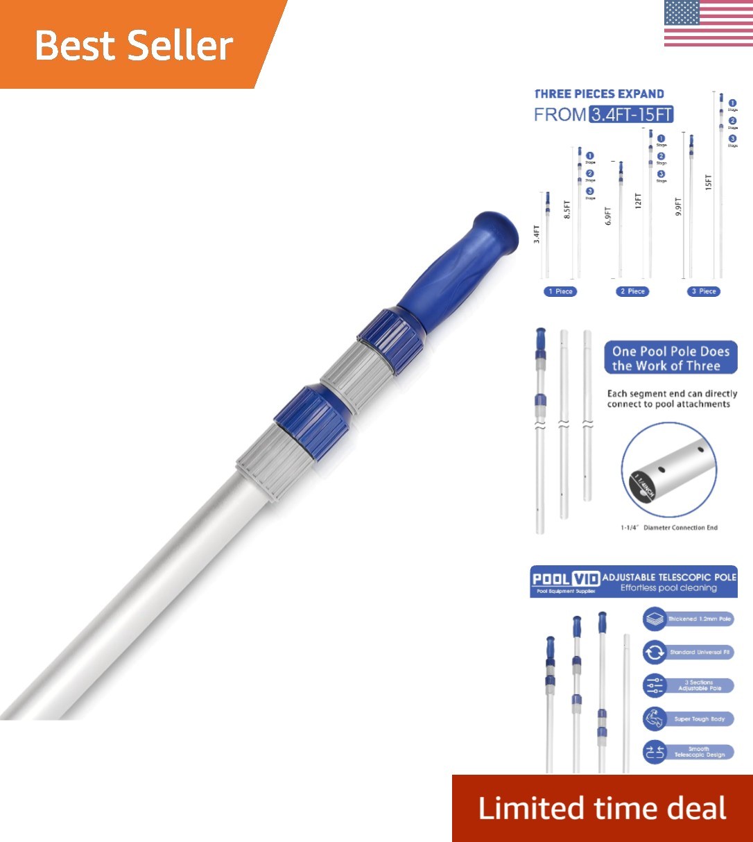 Universal Fit 15 FT Telescopic Pool Pole – Compact & Durable for Maintenance