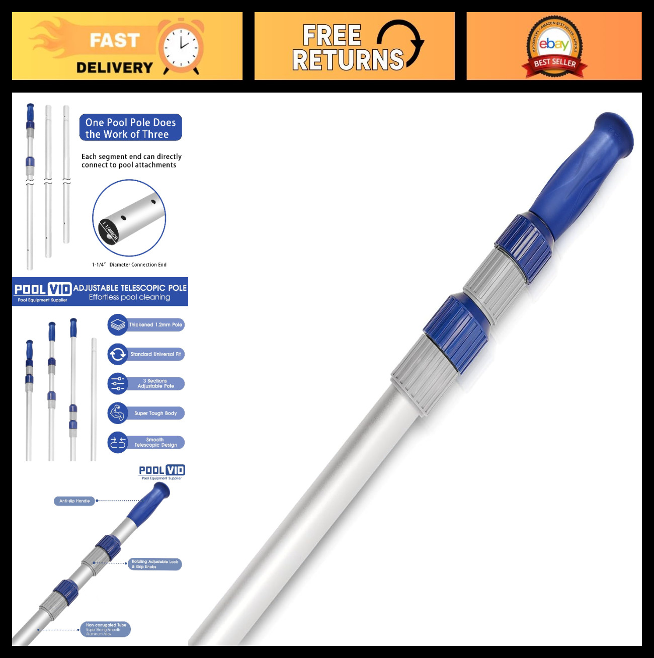 15FT Adjustable Telescopic Pool Pole – Aluminum Skimmer for Cleaning Nets & Brus