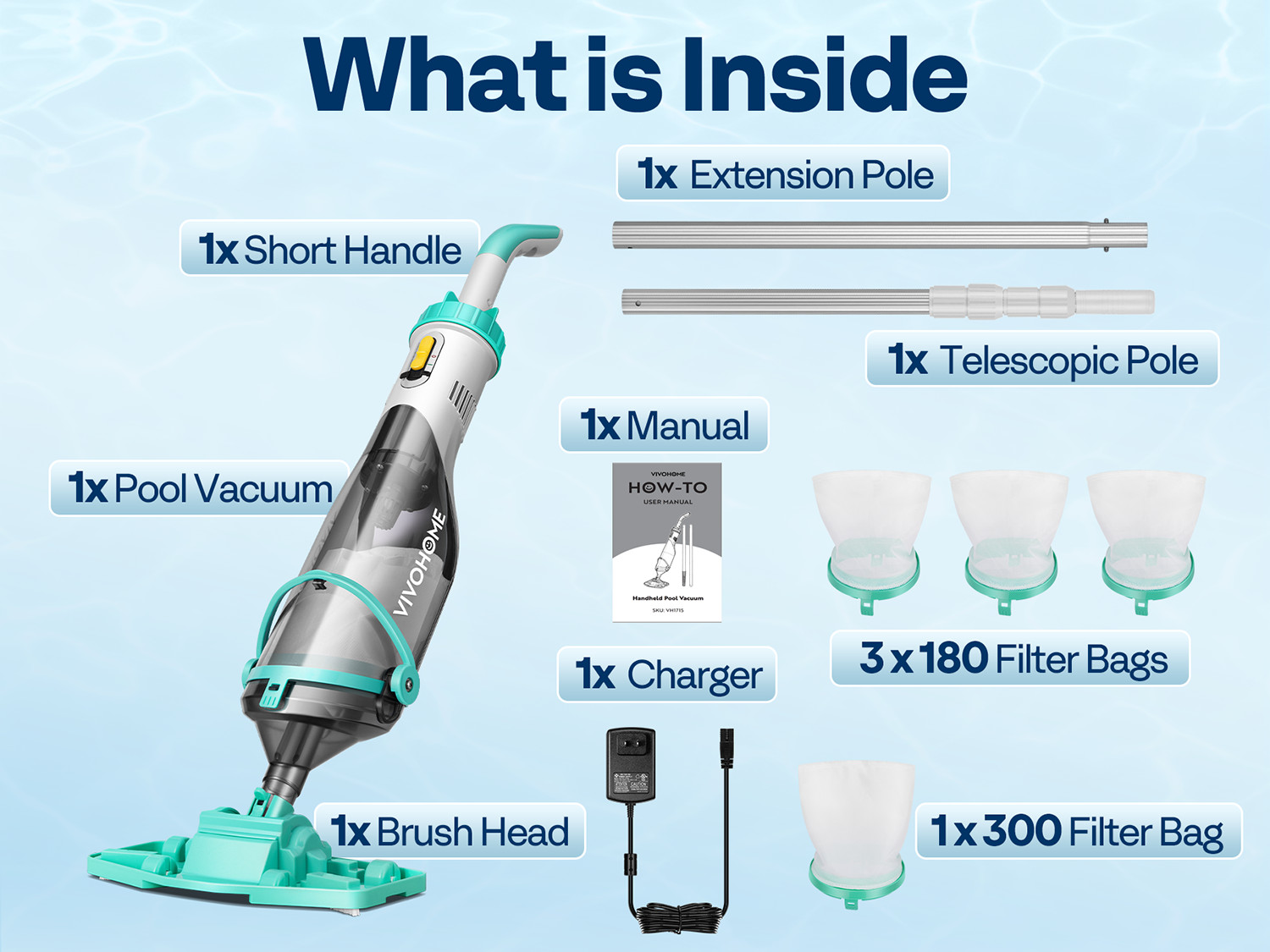 Cordless Rechargeable Pool Vacuum Handheld Cleaner w/ Telescopic Pole 60min IPX8